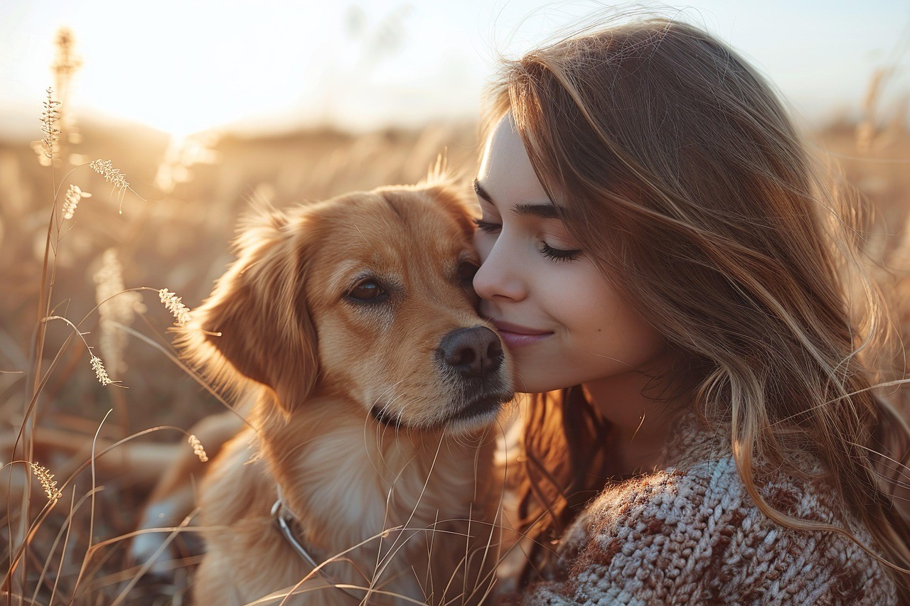 Girl hugging dog in a field
